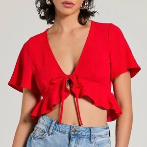Windsor Sweeten Me Up Red Tie Front Crop Top Sz Medium Flutter Sleeve Ruffle Hem